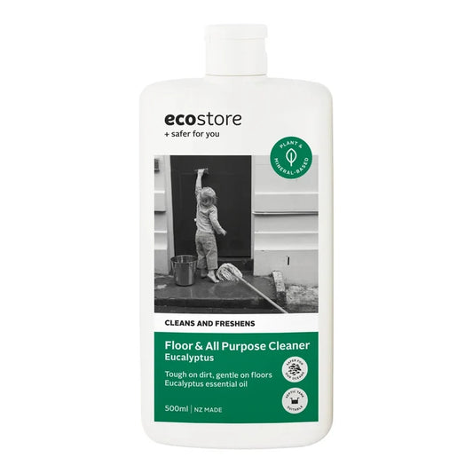 Front of 500ml bottle of ecostore Floor & All Purpose Cleaner - Eucalyptus. Tough on dirt, gentle on floors. NZ made.
