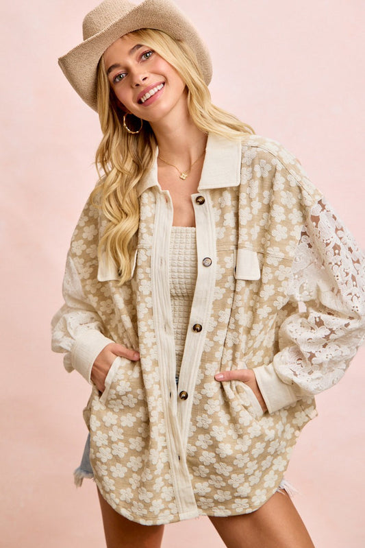 Floral Jacquard Knit With Lace Sleeves Shacket