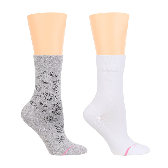 One gray sock with floral design and one solid white sock, both designed for women.