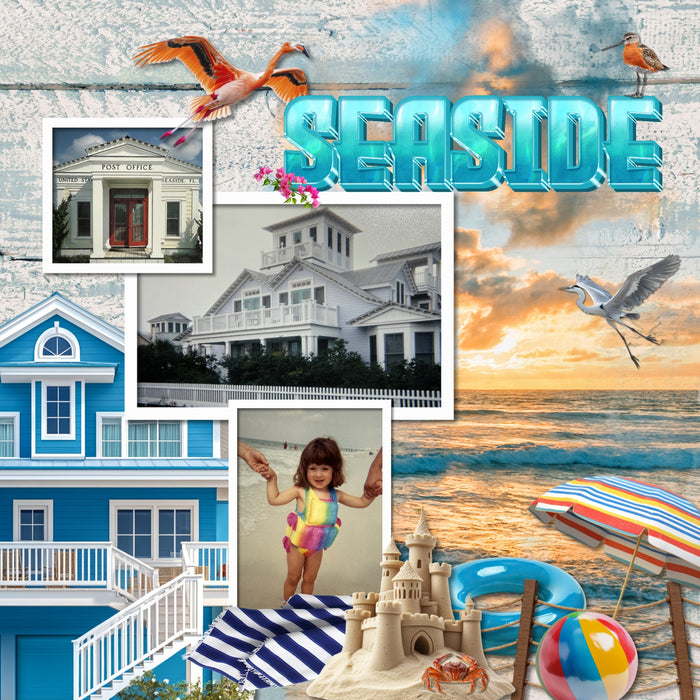 Celebrate Florida with these beautiful realistic embellishments, clusters, masked scenic overlays, engraved stamps, and acrylic blue alpha set by Lucky Girl Creative digital art for digital scrapbooking. Great for travel and vacations to Florida, the South, the Everglades, the Gulf Shores, parts of Mississippi, Louisiana, Alabama, Miami, Orlando, Tampa, Tallahassee, Jacksonville, Fort Lauderdale, Destin, Key West, and more. Embellishments include passenger airplane, sea float plane, bumper car, castle.