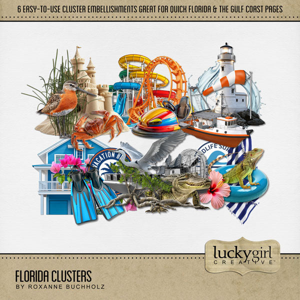 Celebrate Florida with these beautiful and realistic easy-to-use cluster embellishments by Lucky Girl Creative digital art for digital scrapbooking. Simply drop on your page and go! Great for vacations to Florida, the South, the Everglades, the Gulf Shores, parts of Mississippi, Louisiana, Alabama, Miami, Orlando, Tampa, Tallahassee, Jacksonville, Fort Lauderdale, Destin, Key West, and more. Embellishments include Sandpiper, sandcastle, Heron, alligator, airboat, mangrove, lighthouse, fishing boat, iguana.