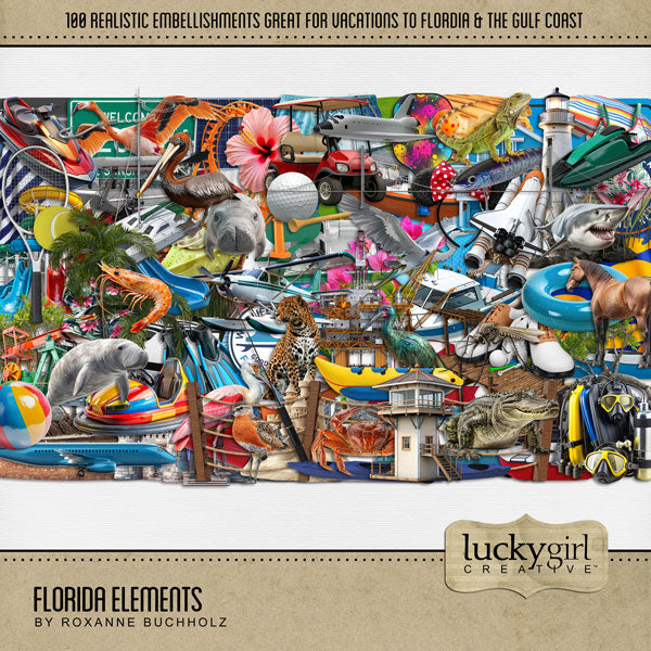 Celebrate Florida with these beautiful and realistic embellishments by Lucky Girl Creative digital art for digital scrapbooking. Great for travel and vacations to Florida, the South, the Everglades, the Gulf Shores, parts of Mississippi, Louisiana, Alabama, Miami, Orlando, Tampa, Tallahassee, Jacksonville, Fort Lauderdale, Destin, Key West, and more. Embellishments include passenger airplane, sea float plane, bumper car, magic castle, mouse ears, theme park, amusement park, roller coaster, flamingo, heron.
