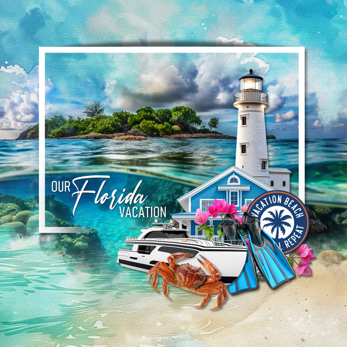 Celebrate Florida with these beautiful realistic embellishments, clusters, masked scenic overlays, engraved stamps, and acrylic blue alpha set by Lucky Girl Creative digital art for digital scrapbooking. Great for travel and vacations to Florida, the South, the Everglades, the Gulf Shores, parts of Mississippi, Louisiana, Alabama, Miami, Orlando, Tampa, Tallahassee, Jacksonville, Fort Lauderdale, Destin, Key West, and more. Embellishments include passenger airplane, sea float plane, bumper car, castle.