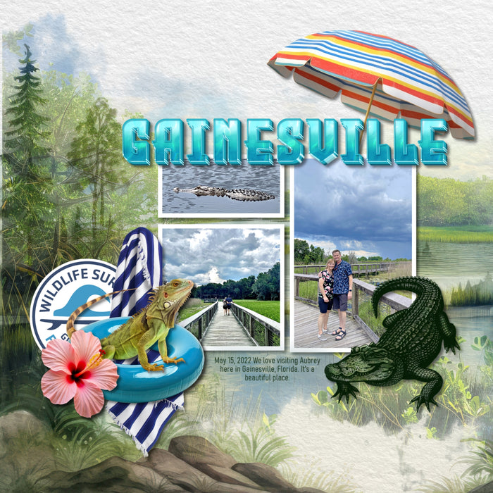 Celebrate Florida with these beautiful realistic embellishments, clusters, masked scenic overlays, engraved stamps, and acrylic blue alpha set by Lucky Girl Creative digital art for digital scrapbooking. Great for travel and vacations to Florida, the South, the Everglades, the Gulf Shores, parts of Mississippi, Louisiana, Alabama, Miami, Orlando, Tampa, Tallahassee, Jacksonville, Fort Lauderdale, Destin, Key West, and more. Embellishments include passenger airplane, sea float plane, bumper car, castle.