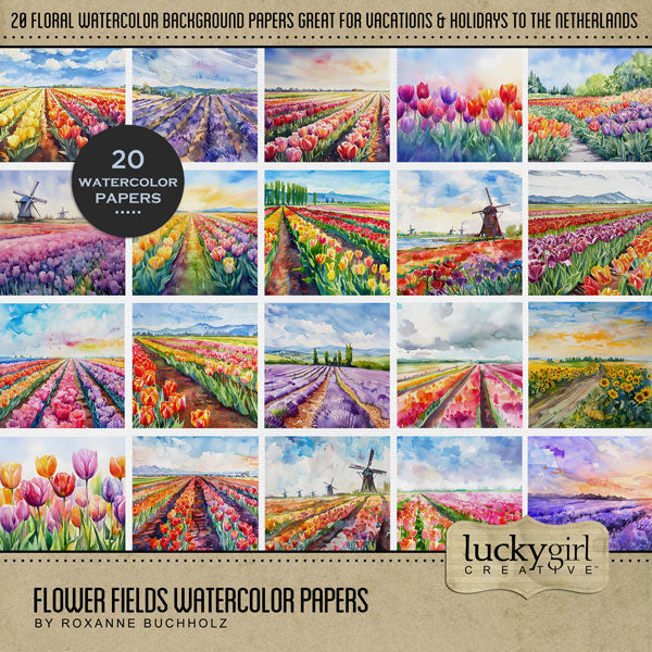 Create stylish digital scrapbooking pages of your vacation or holiday to Amsterdam, Holland, or The Netherlands with these watercolor background papers by Lucky Girl Creative digital art. With a wide variety of tulips and a sprinkling of lavender and sunflowers, these papers will add that pop of color to your travel pages and albums. Great for spring flower gardens, too! This kit is included in The Netherlands Watercolor Bundle.