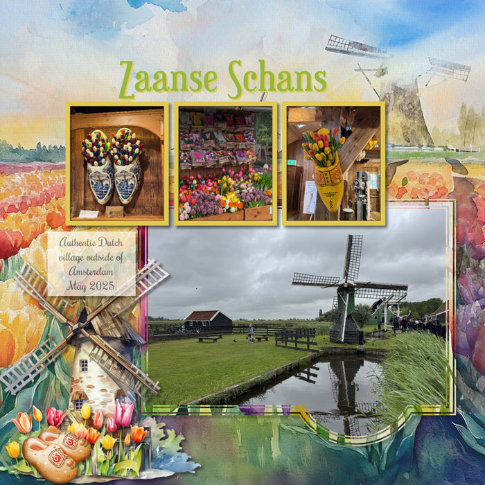 Create stylish digital scrapbooking pages of your vacation or holiday to Amsterdam, Holland, or The Netherlands with these beautiful watercolor embellishments, papers, and tulip overlays by Lucky Girl Creative digital art. Great for spring flower garden pages, too! Embellishments include bird, egret, heron, swan, cow, deep, fish, fox, Highland cow, seal, architecture, building, home, house, bag, bicycle, flag of The Netherlands, river boat, cruise, bridge, castle, beer, Dutch children, wooden shoes, tulips.