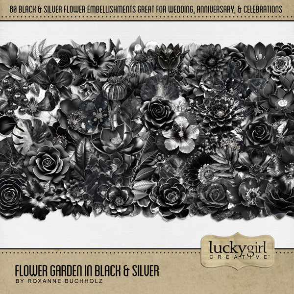 Add these elegant black and silver flowers by Lucky Girl Creative digital art to all your digital scrapbooking pages and mix-and-match them on various projects throughout the year! Great for birthday, anniversary, wedding, graduation, and more! Easy to colorize! This kit is included in the Elegant Black & Silver Bundle.