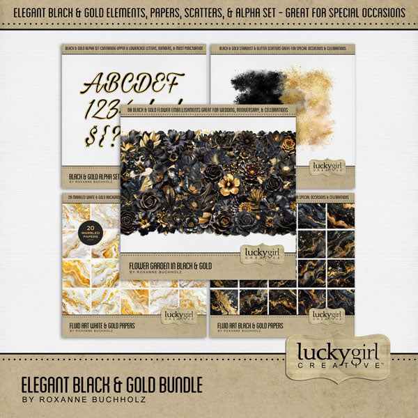 Celebrate all the special occasions in life with this beautiful bundle of black and gold embellishments, papers, and script alpha set by Lucky Girl Creative digital art. Great for wedding, anniversary, birthday, prom, black tie events, graduation, and more. Embellishments include a variety of flowers and black and gold scatters of stardust glitter. Papers include black and gold plus white and gold marble papers. Alpha is a beautiful black and gold script.
