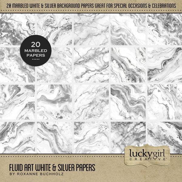 Add these fluid white and silver marble backgrounds by Lucky Girl Creative digital art to all your digital scrapbooking pages and mix-and-match them on various projects throughout the year! Great for birthday, anniversary, wedding, graduation, and more! Easy to colorize! This kit is included in the Elegant Black & Silver Bundle.