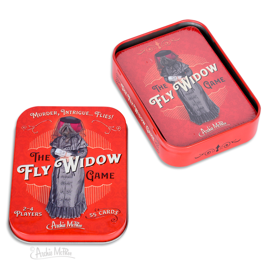 The Fly Widow Game comes in two red tins adorned with vintage artwork and details. Inside, humorously illustrated cards offer a playful twist to this Old Maid game, providing a delightful experience for all ages.