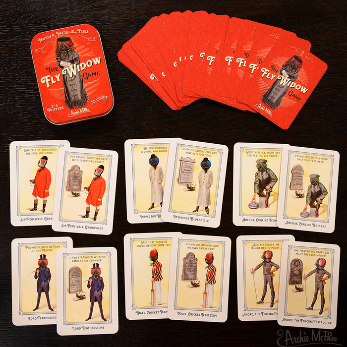 The Fly Widow Game contains humorously illustrated cards with character designs and striking red backs, laid out on a dark surface, providing a playful twist reminiscent of the classic Old Maid game.