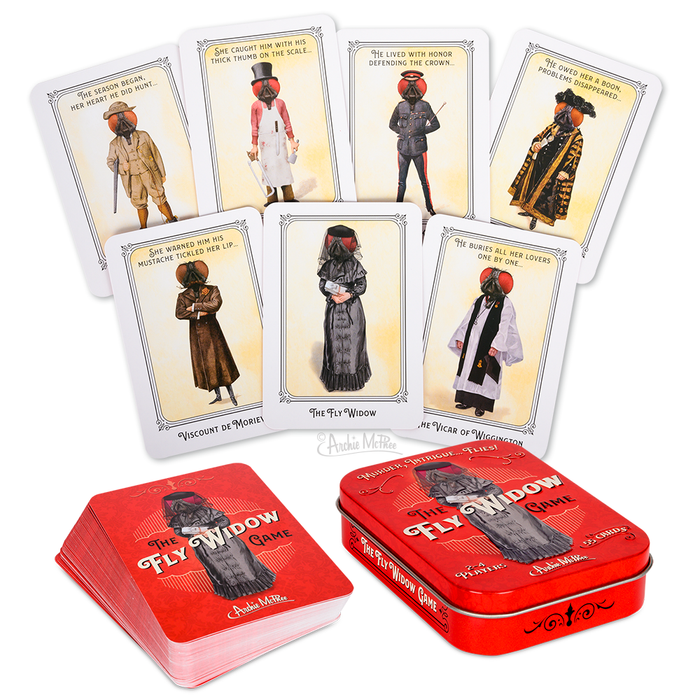 The Fly Widow Game, drawing inspiration from the Fly Widow story, includes humorously illustrated character cards packaged in a stylish red tin box.