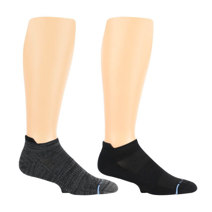 Two pairs of ankle compression socks in black and gray, displayed on mannequin legs.