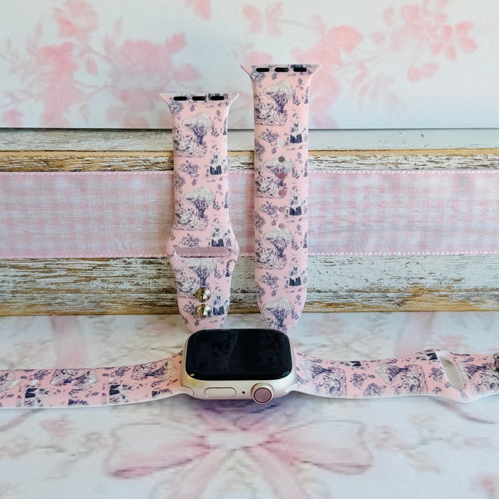 French Affair pink and navy toile de Jouy print silicone band for Apple Watch from Fancy Bands