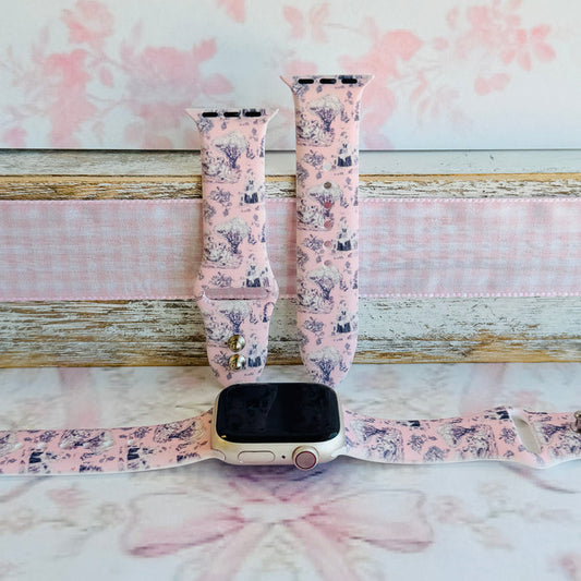 French Affair pink and navy toile de Jouy print silicone band for Apple Watch from Fancy Bands