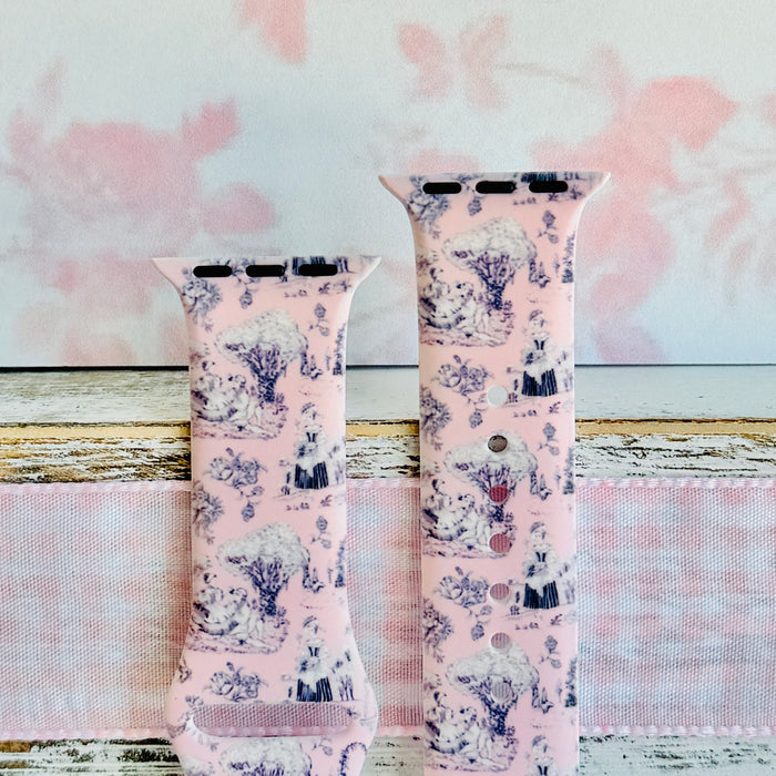 French Affair pink and navy toile de Jouy print silicone band for Apple Watch from Fancy Bands