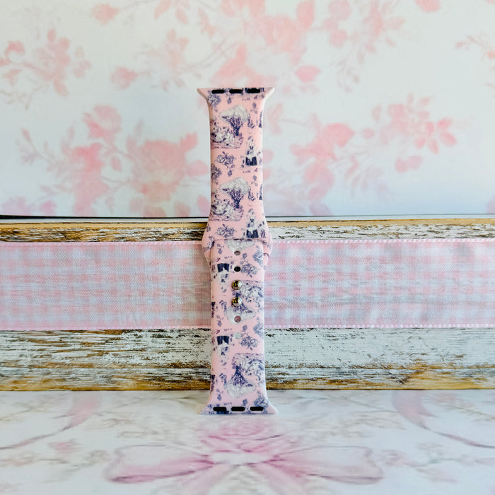 French Affair pink and navy toile de Jouy print silicone band for Apple Watch from Fancy Bands