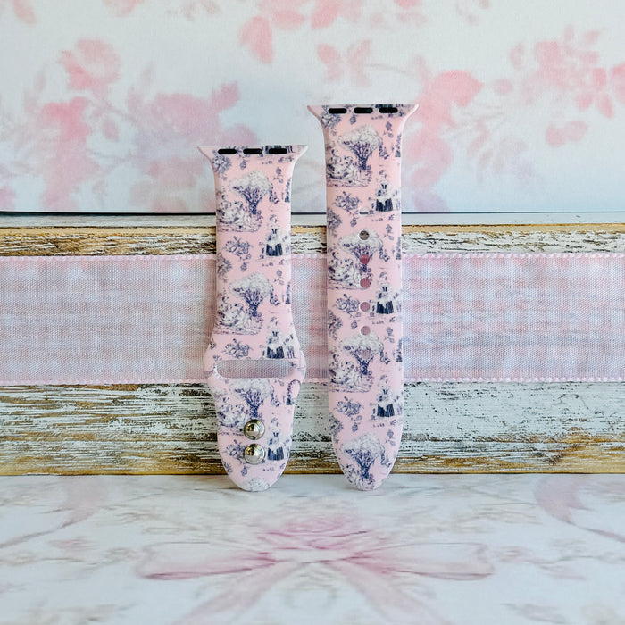 French Affair pink and navy toile de Jouy print silicone band for Apple Watch from Fancy Bands