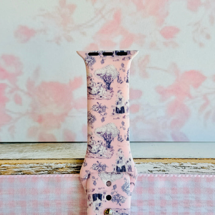 French Affair pink and navy toile de Jouy print silicone band for Apple Watch from Fancy Bands