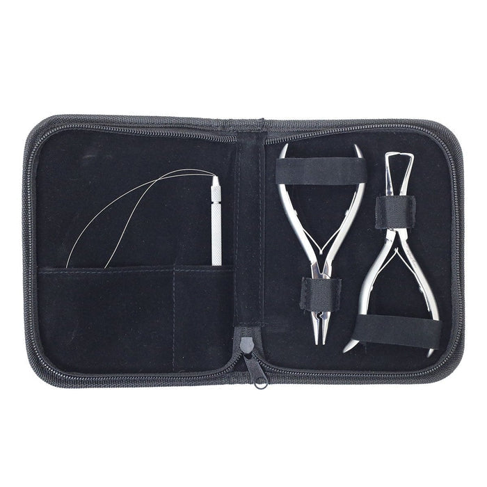 A black zippered case holds two metal dental tools and a handle with a thin wire, all neatly secured in straps.