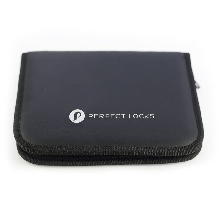 A black zippered pouch with the Perfect Locks logo and text printed on the front, displayed against a white background.