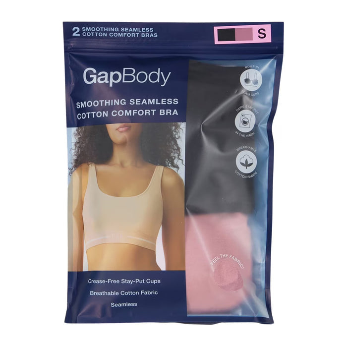 GapBody Women’s Seamless Cotton Comfort Sports Bra, True Black and Lilas Pink - Size L - 2 Pack