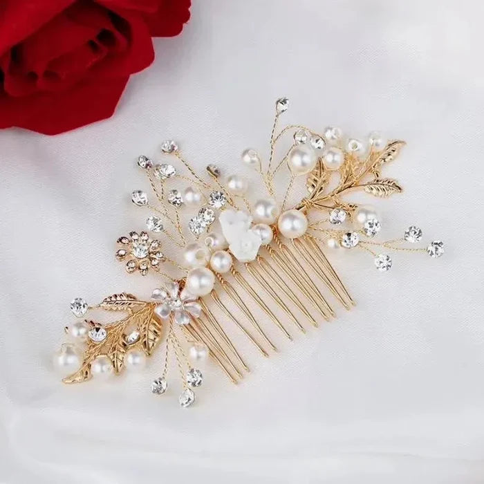 Wedding Hair Accessories - Gold Pearl and Crystal Bridal Hair Comb