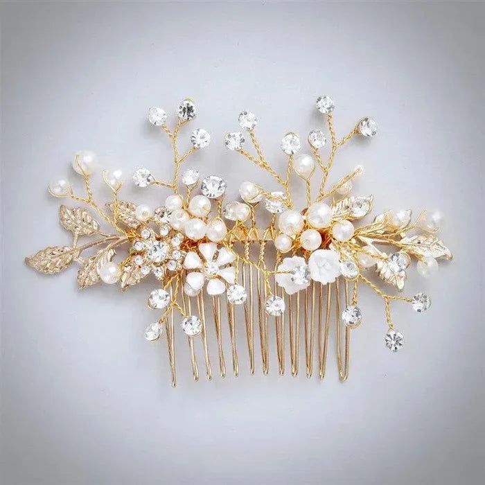 Wedding Hair Accessories - Gold Pearl and Crystal Bridal Hair Comb