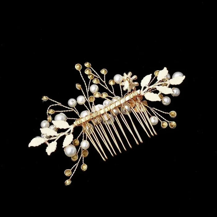 Wedding Hair Accessories - Gold Pearl and Crystal Bridal Hair Comb