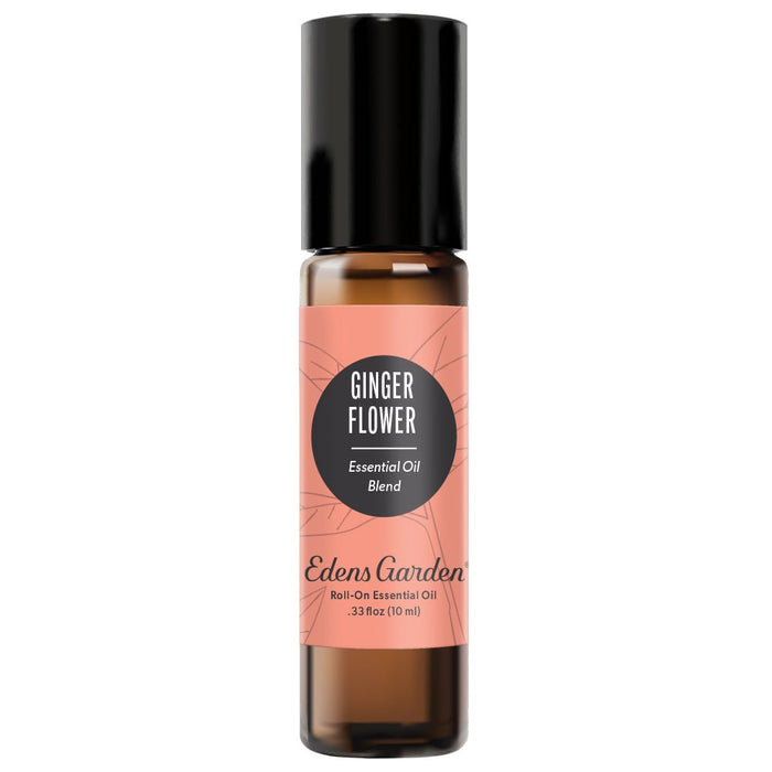 A black roll-on essential oil bottle with a label reading 'Ginger Flower Essential Oil Blend' by Edens Garden.
