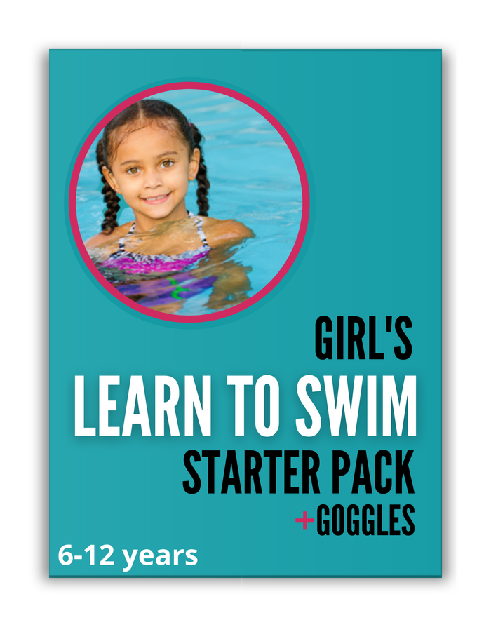 Girls learn swim starter pack with blue neoprene cap, pink trim, white polka dots