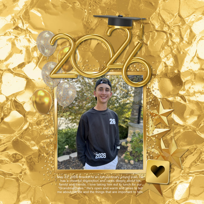 Celebrate your grad with this golden graduation collection featuring embellishments, papers, confetti overlays, and glitter frames by Lucky Girl Creative digital art for digital scrapbooking. Perfect for graduation announcements, graduation party invitations, and pages that honor their graduate's achievement. Can we used for high school, university, college, or grad school graduation ceremonies plus New Year's, wedding, birthday, anniversary, and other celebrations. Embellishments include arrow, medal