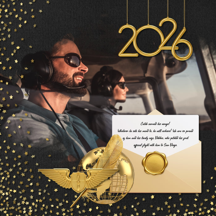 Celebrate your grad with this golden graduation collection featuring embellishments, papers, confetti overlays, and glitter frames by Lucky Girl Creative digital art for digital scrapbooking. Perfect for graduation announcements, graduation party invitations, and pages that honor their graduate's achievement. Can we used for high school, university, college, or grad school graduation ceremonies plus New Year's, wedding, birthday, anniversary, and other celebrations. Embellishments include arrow, medal