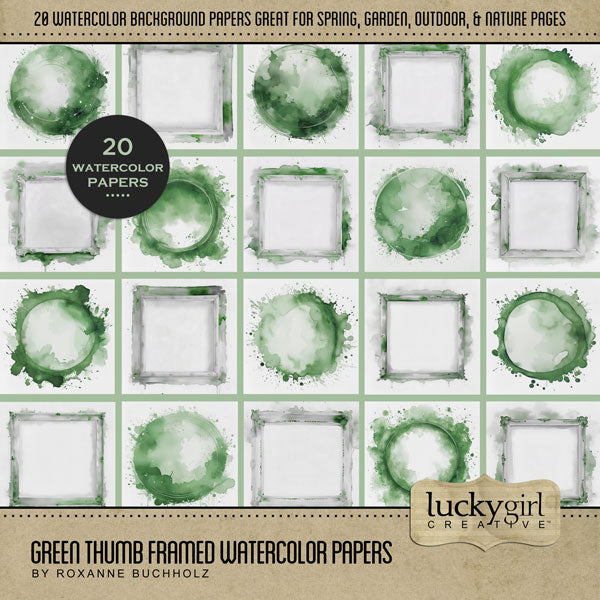Create beautiful sunny spring, garden, and outdoor pages with these inspirational green watercolor background papers by Lucky Girl Creative digital art for digital scrapbooking. Great for St. Patrick's Day, Christmas, camping, and outdoor pages, too! This kit is included in the Green Thumb Watercolor Papers Bundle.