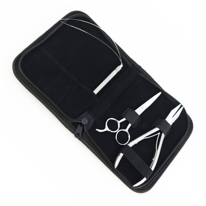 The Perfect Locks Hair Extension Tool Kit features a black zippered case securing silver scissors, pliers, and a metal tool.