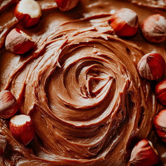 Close-up image of hazelnut spread with visible hazelnuts on top, resembling a creamy chocolate texture.