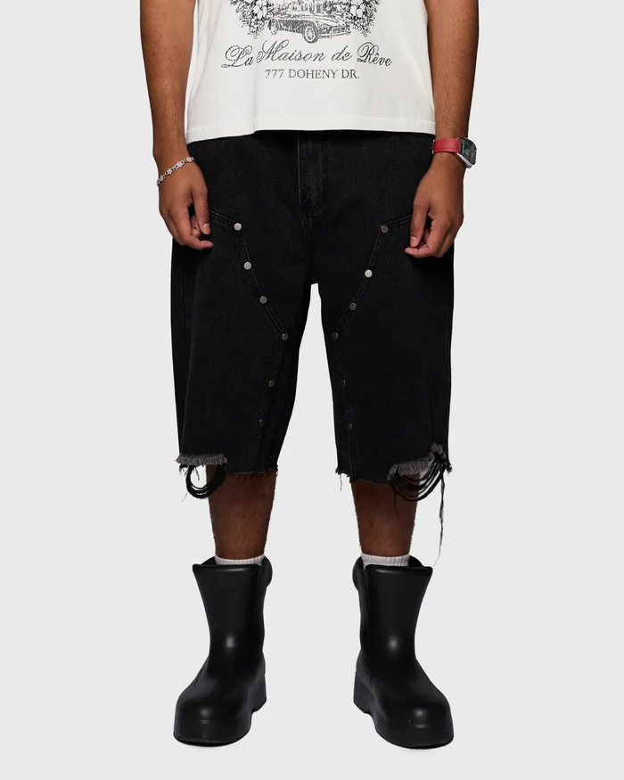 Homme + Femme "Arsenal" Studded Denim Shorts - Black