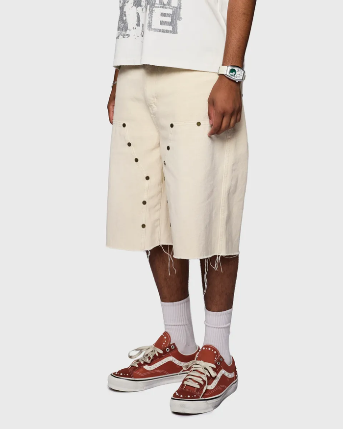 Homme + Femme "Arsenal" Studded Denim Shorts - Cream