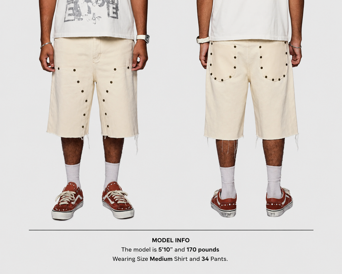 Homme + Femme "Arsenal" Studded Denim Shorts - Cream
