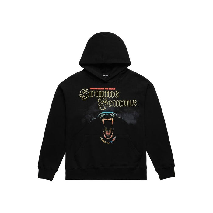 Front view of Homme + Femme Grave Digger Black Hoodie with skull graphic on the chest and drawstring hood
