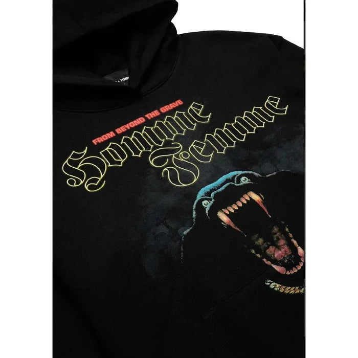 Close-up of the back of Homme + Femme Grave Digger Black Hoodie showing the large white skull graphic