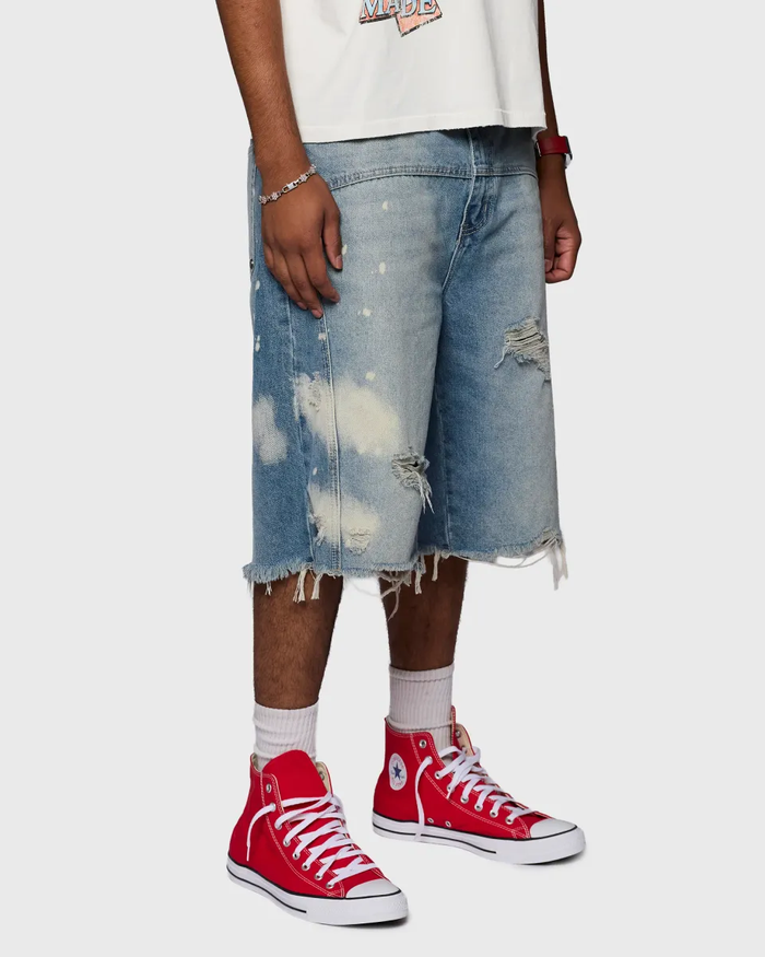 Homme + Femme "Nomad" Studded Denim Shorts - Blue