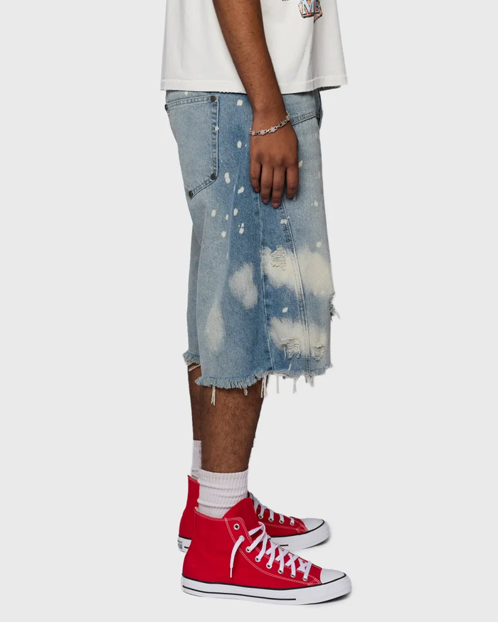 Homme + Femme "Nomad" Studded Denim Shorts - Blue