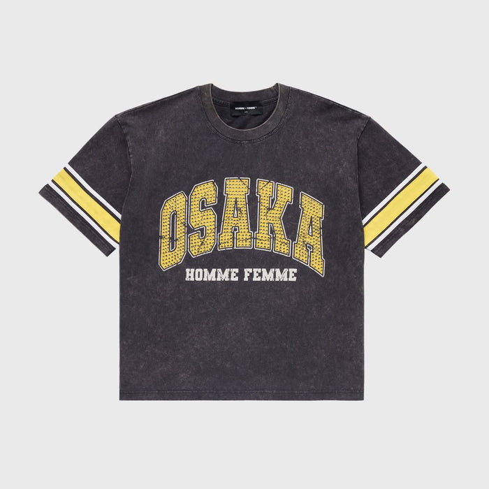 Long-sleeve cropped black and yellow Osaka rhinestone T-shirt with varsity stripes and vintage stone-washed finish for Homme and Femme