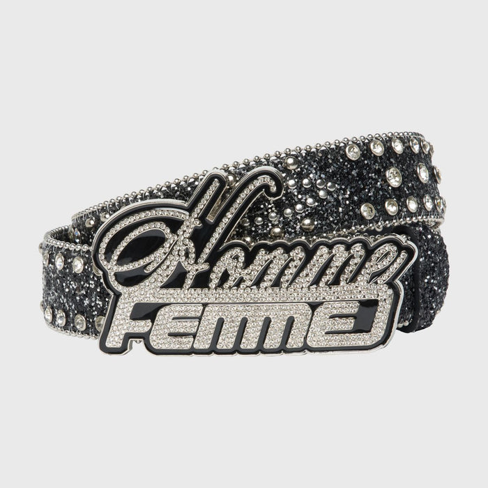 Luxurious black belt with rhinestone-studded strap and bold signature buckle