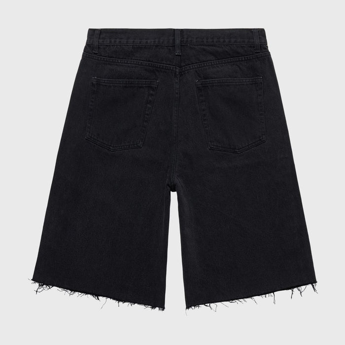 Front view of Homme + Femme Studded Denim Shorts in Black Stone Wash, with frayed hem and classic 5-pocket styling