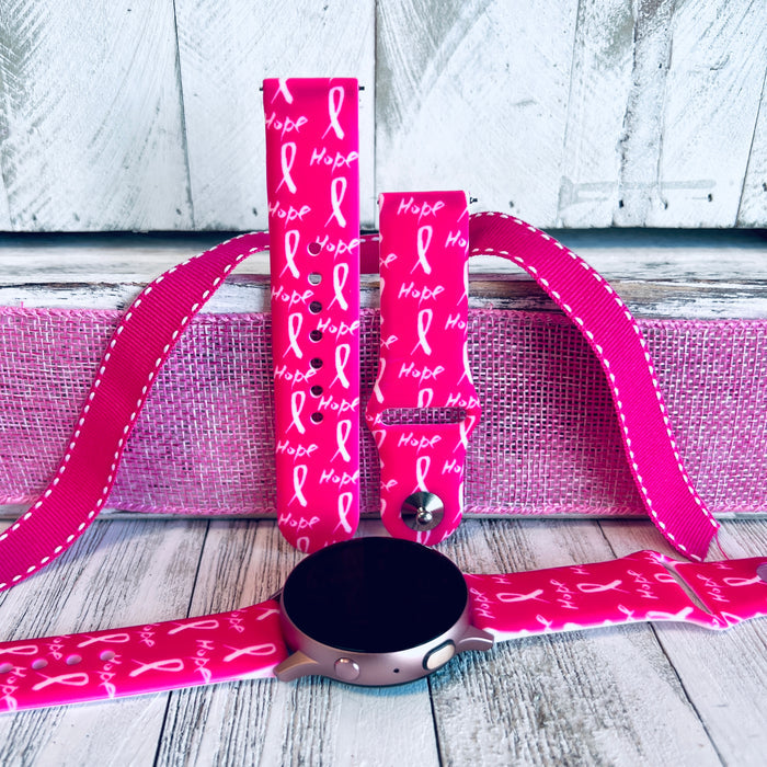 Hope Print Silicone Band For Samsung Watch — Wear it as a small daily reminder of strength, support, and community—the soft pink Hope motif stays bright through every step.