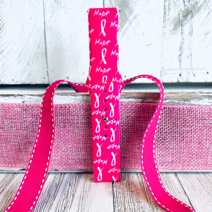 Hope Print Silicone Band For Samsung Watch — Wear it as a small daily reminder of strength, support, and community—the soft pink Hope motif stays bright through every step.