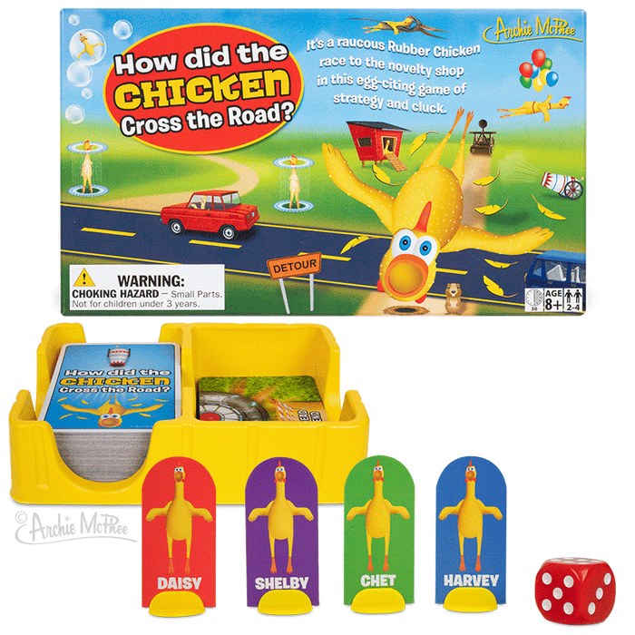 The How Did the Chicken Cross the Road Game includes rubber chicken pieces and cards, designed for ages 8 and up. This garden path game perfectly combines strategy and humor in each play session.
