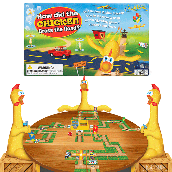 Four cartoon chickens are having fun playing the "How Did the Chicken Cross the Road Game" on a round table, inspired by the playful antics of a rubber chicken.